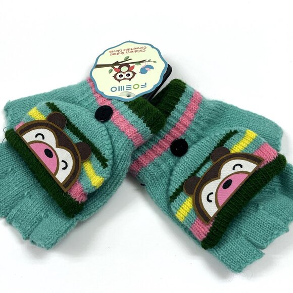 Children's (5-8 yrs) Knit Convertible /Mitten Gloves - Bear - Teal / Aqua - NWT - Picture 1 of 5